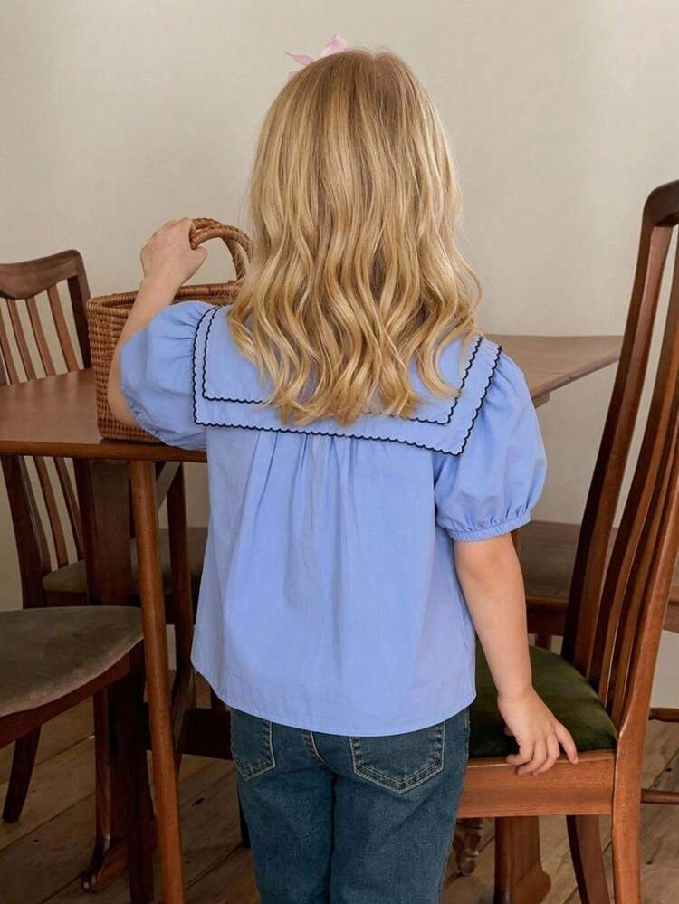 Young Girl Colorblock Peter Pan Collar Petal Sleeve Front Button Loose Shirt, Summer