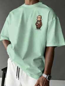 Lornexis Men's Fashion Cartoon Character Print Round Neck Short Sleeve T-Shirt - Mint Green - View 2