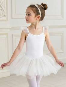 SHEIN Vestido de leotardo de baile de manga volante de encaje sin mangas blanco para niñas, verano - Blanco - Ver 2