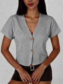 Aloruh Women's Metal Single-Breasted Short Sleeve Casual Thin Cardigan - Light Grey - View 6