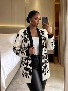 SHEIN Lady CURVE Abrigo delgado de color albaricoque con estampado negro posicionado, de corte holgado y casual, adecuado para el uso diario, otoño, invierno 2025 nuevo, otoño, talla grande - Albaricoque - Ver 6