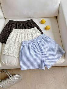 Veykashi 3pcs/Set Celana Pendek Ukuran Besar Bergaris, Kotak-kotak, Motif Leopard, Cocok untuk Kencan di Pantai, Liburan Malam di Musim Semi/Panas, Warna Beige Putih, Gaya Kasual Elegan - MultiWarna - View 2