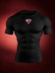 SUPERMAN X SHEIN RISE LYT Men's Geometric Print Raglan Short Sleeve Sports T-Shirt, Gym, Holiday - Black - View 3