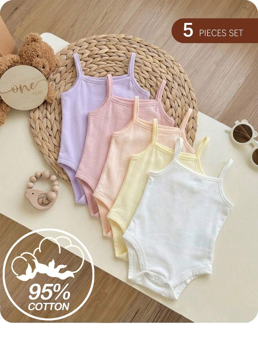 SHEIN 5pcs/Set Babygirl Casual Solid Color Knit Comfortable Spaghetti Strap Crotch Open Romper, Suitable For Summer - Pink - View 1