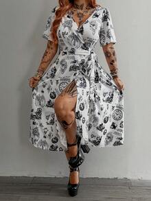 Whyspr Vestido con estampado, de cuello en V, sexy, de manga corta y que ciñe la cintura - Blanco - Ver 3