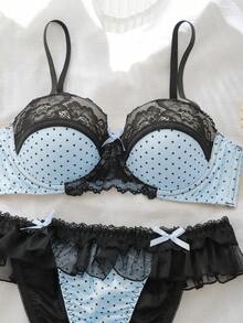 DelicateAllure Polka Dot Mesh Patchwork Lace Lingerie Set - Baby Blue - View 3