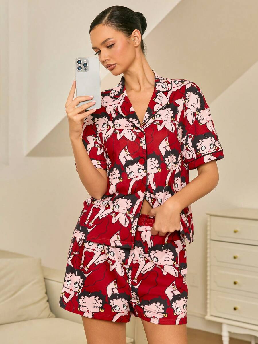 Betty Boop x SHEIN 女士单排扣短袖上衣和休闲短裤睡衣套装 - 紅色 - 查看 1