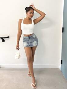 Alexandranx Váy mini denim bó sát có túi vá chéo dành cho nữ - Màu xanh lam - Xem 1