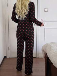 Heart Print Long Sleeve Top And Pants Pajama Set - Black - View 3