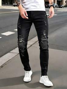 Manfinity LEGND Jeans ajustados de algodón rasgados para hombres, corte slim fit, con efecto desgastado, de color negro liso, para salir con amigos, estilo grunge y rock and roll - Negro - Ver 4