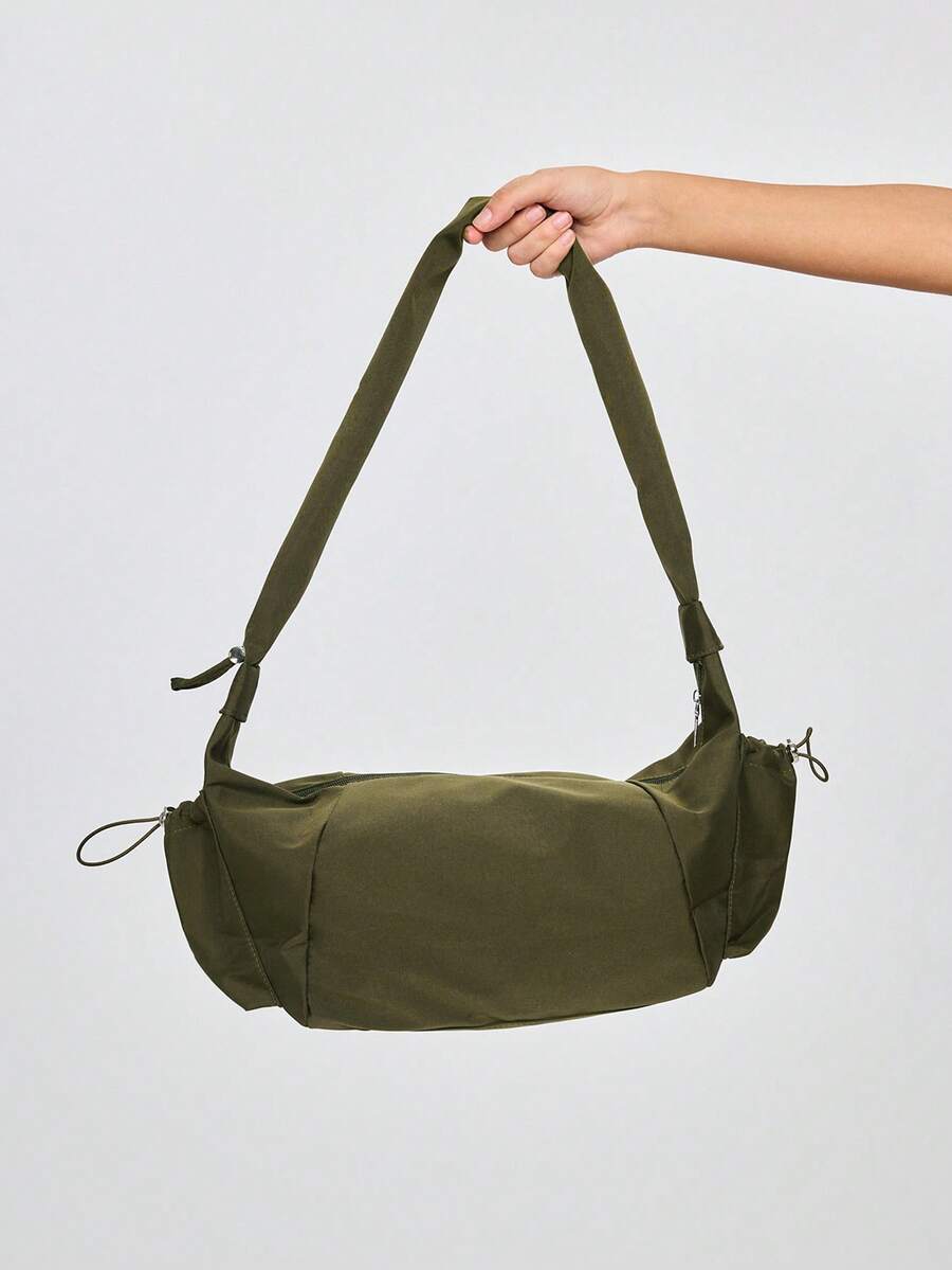 ROMWE Fairycore 1pc Nylon Fabric Multi-Pocket Dumpling Crossbody Bag, Women Casual Pleated Drawstring Shoulder Bag, Slouchy Bohemian Hobo Bag , Bohemian Outfit For Women , Green - Army Green - View 1