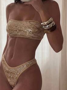 Costavie 2-Piece Floral Sequin Textured Bandeau Bikini Set, Sexy Swimwear For Women, Spring/Summer - Gold - View 1