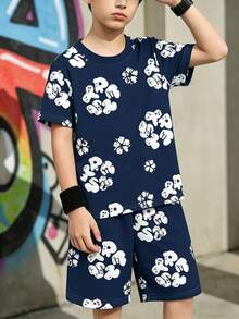 1 Set Conjunto de camiseta blanca con estampado floral y pantalones cortos de niño, estilo casual y de moda, uso diario cómodo, estilo casual de calle de verano - Multicolor - Ver 8