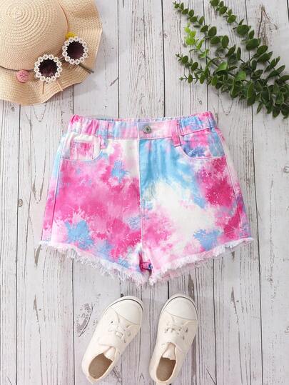 Sparklyn Girls' Vintage Tie-Dye Loose Casual Comfortable Frayed Hem Denim Shorts