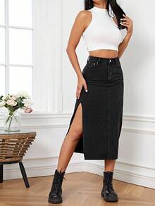 SHEIN Essnce High Waist Split Thigh Denim Skirt - Black - View 2