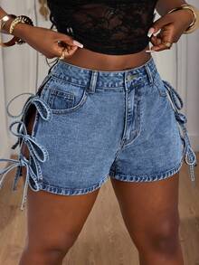 Slaydiva Plus Size Summer Casual Side Slit Tie-Up Denim Shorts - Blue - View 1