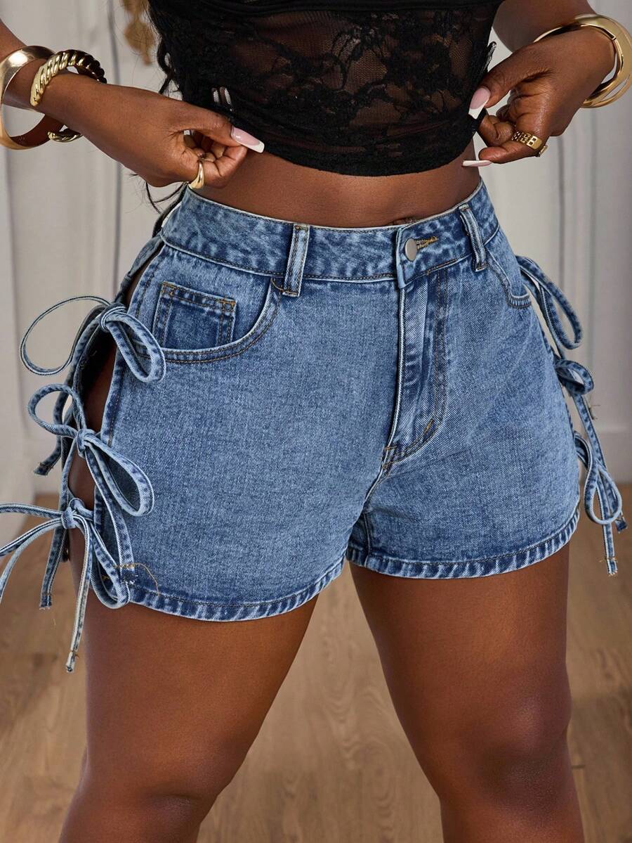 Slaydiva Plus Size Summer Casual Side Slit Tie-Up Denim Shorts - Blue - View 1