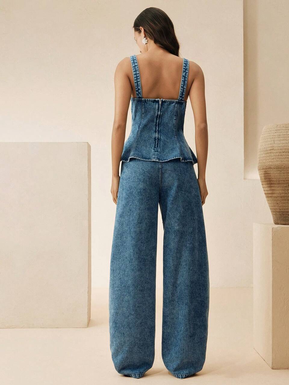 Anewsta Fashionable Womens Two Piece Denim Outfit With Beaded Details Wide Leg Jeans