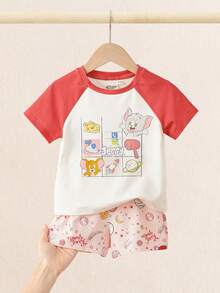 TOM & JERRY X SHEIN 女婴卡通可爱圆领短袖T恤和休闲短裤套装 - 紅白色 - 查看 3