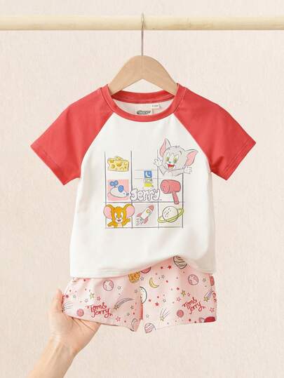 TOM & JERRY X SHEIN Conjunto de Camiseta de Manga Curta com Decote Redondo e Shorts Casuais Fofos com Estampa de Desenho Animado para Meninas Bebê
