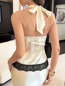Modelyn Apricot Cowl Neck Ruched Lace Trim Backless Tie Strap Elegant Sexy Halter Minimalist Sexy Tank Top - Apricot - View 2