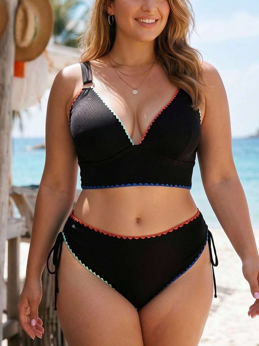 Swim Lushoire Conjunto de bikini con ribete de contraste talla grande, adecuado para la playa y vacaciones - Negro - Ver 1