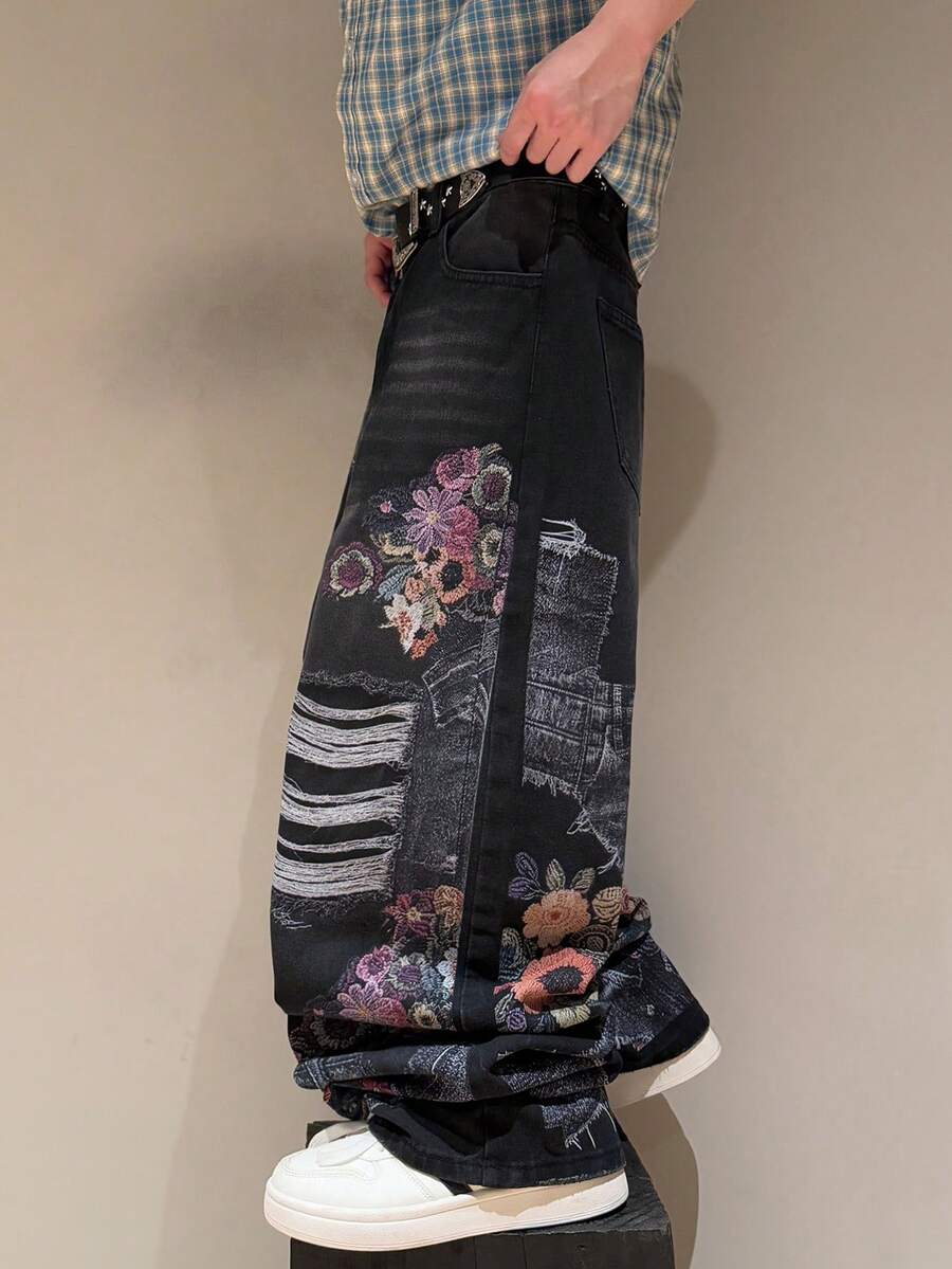 STEELVANCE Quần jeans ống đứng dáng rộng, in họa tiết râu mèo cổ điển, phong cách đường phố thời thượng. - màu đen - Xem 1