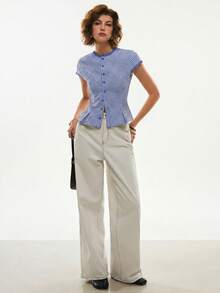 Blusa casual de mujer con estampado de cuadros y ribete de encaje, para verano - Azul y blanco - Ver 8