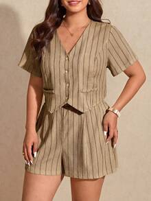 Elaquor Plus Size Casual Striped Shirt And Shorts 2 Pieces Set - Khaki - View 5