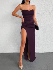 EURMUSE Solid Split Thigh Tube Dress - Purple - View 3