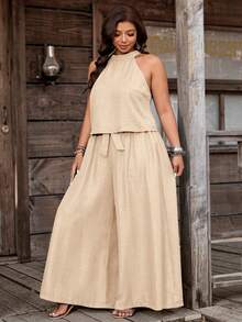Nubod Plus Size Denim Effect Halter Top + Wide Leg Pants 2 Pieces Set - Khaki - View 4