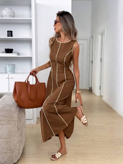 Easowa Đầm dự tiệc thường ngày cổ tròn phối màu dành cho nữ