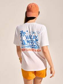 SHEIN Sports 女士休闲椰树字母印花户外T恤 - 白色 - 查看 4