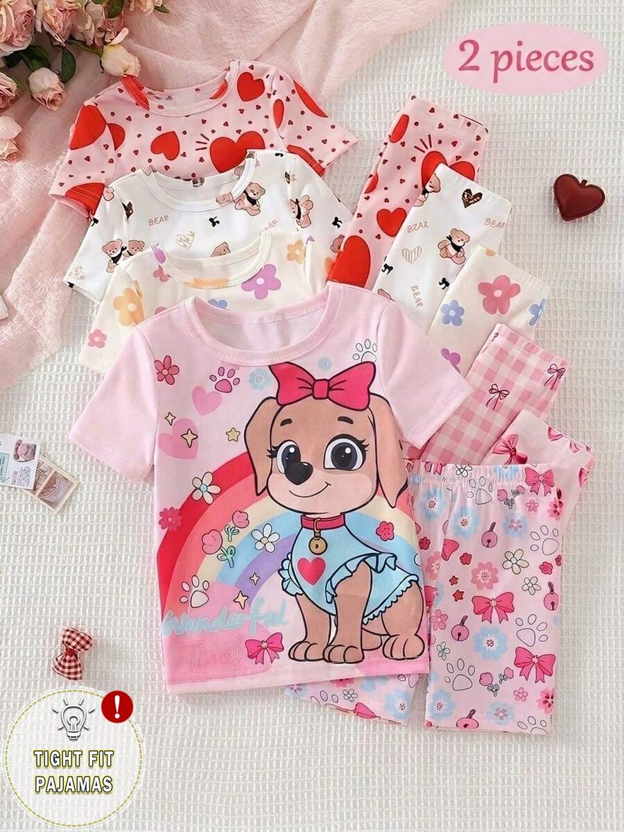 Bộ 2 quần short ngắn tay ôm sát cho bé gái, in hình chú cún hoạt hình dễ thương và cầu vồng, mềm mại và thoải mái, thích hợp mặc ở nhà, đi chơi và hoạt động ngoài trời vào mùa hè. - Hồng - Xem 1