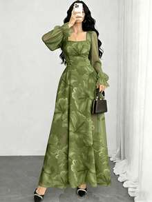 Modelyn 芙蓉碎花时尚方领灯笼袖女士长连衣裙，夏季收腰连衣裙，植物图案绿色连衣裙，适合夏季度假和日常穿着 - 彩色 - 查看 1