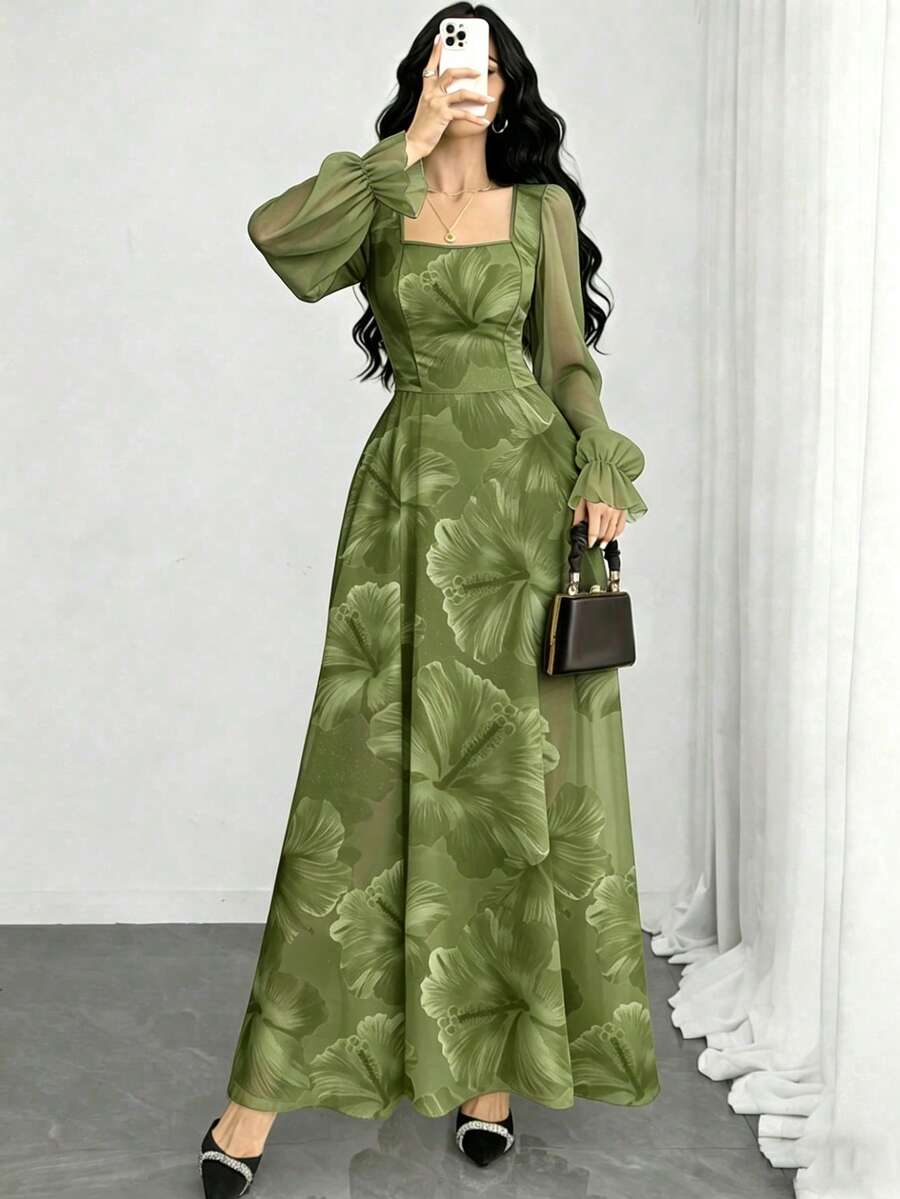 Modelyn 芙蓉碎花时尚方领灯笼袖女士长连衣裙,夏季收腰连衣裙,植物图案绿色连衣裙,适合夏季度假和日常穿着 - 彩色 - 查看 1