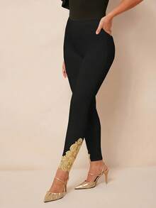 SHEIN PETITE CURVE 女士纯色弹力腰休闲打底裤 - 黑色 - 查看 5