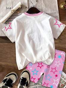 Young Girl Cartoon Letter Print Round Neck Short Sleeve T-Shirt And Shorts Casual Daily Outfit - Multicolor - View 3