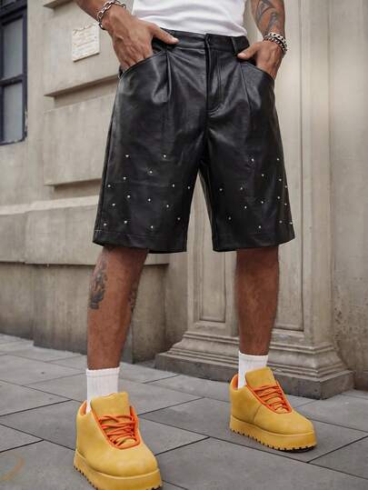 ROMWE MEN Men's Summer Casual Shorts With Rivet Decoration