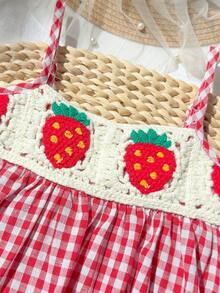 Cozy Pixies Đầm chữ A không tay họa tiết dâu tây móc len cho bé gái, kiểu dáng đồng quê dễ thương, thích hợp cho bé gái đi chơi, dã ngoại, nghỉ mát mùa xuân/hè. - Đỏ - Xem 7