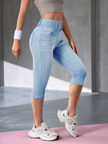 SHEIN Essnce 女士休闲水洗修身牛仔裤 - 淺色水洗藍 - 查看 4