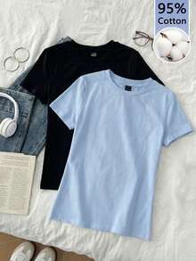 Set de 2 camisetas básicas de cuello redondo de manga corta, estilo casual y minimalista, en negro y marrón oscuro, para primavera/verano - Multicolor 14 - Ver 4