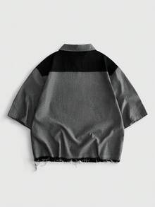 ROMWE MEN Áo sơ mi denim tay ngắn nam, hai túi, phối màu tương phản, có khóa kéo. - Xám - Xem 3