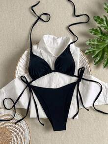 Swim Mod Solid Color Triangle Cup Halter Bikini Set, Tie-Up Low Waist Swimwear, Backless Tankini, Suitable For Beach, Hot Spring, Photo Shooting, Swimming - Black - View 5