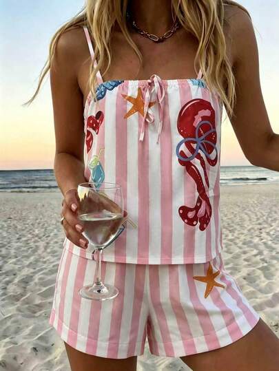 Vaclyn Women's Casual Comfortable Vacation Camisole & Printed Shorts Set, Summer Beach Shorts 2 Pieces Outfit