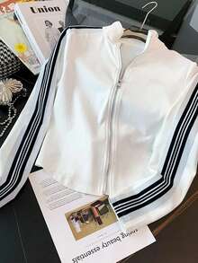 SHEIN Fitted Stand Collar Cardigan + Casual Slant Pocket Pants Set - White - View 4