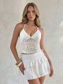 SHEIN Glamour Conjunto de duas peças com top de renda branca sexy e minissaia, conjunto elegante de alta qualidade, roupa para festivais de música de verão, estilo urbano, roupa para shows, roupa para balada, conjunto para encontros, conjunto de aniversário feminino, essencial para festas, conjunto básico, conjunto para sair, conjunto casual de tricô, conjunto brilhante, roupa para viagens e férias de verão na praia, conjunto de renda de algodão - Branco - Ver 3