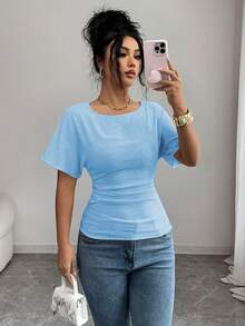 SHEIN Elenzya 女士优雅束腰露背设计T恤，夏季新品 - 淺藍色 - 查看 5