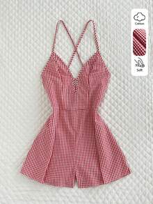 Elamini Bộ áo liền quần phong cách retro Mỹ ngọt ngào và cay nồng, kiểu dáng preppy, thích hợp cho kỳ nghỉ, gồm áo hai dây, cổ chữ V khoét sâu, lưng khoét rỗng và dây buộc chéo, họa tiết kẻ caro đỏ trắng, phù hợp cho mùa xuân, hè và thu. - Đỏ - Xem 1