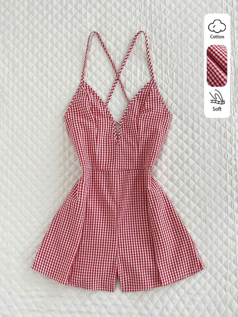 Elamini Bộ áo liền quần phong cách retro Mỹ ngọt ngào và cay nồng, kiểu dáng preppy, thích hợp cho kỳ nghỉ, gồm áo hai dây, cổ chữ V khoét sâu, lưng khoét rỗng và dây buộc chéo, họa tiết kẻ caro đỏ trắng, phù hợp cho mùa xuân, hè và thu. - Đỏ - Xem 1
